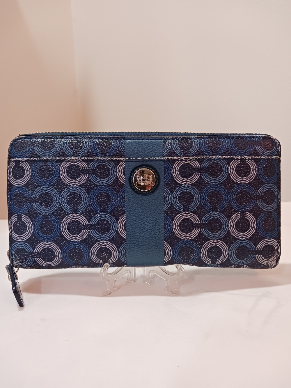 Coach Blue Signature Circle Zip Wallet with Center Stripe